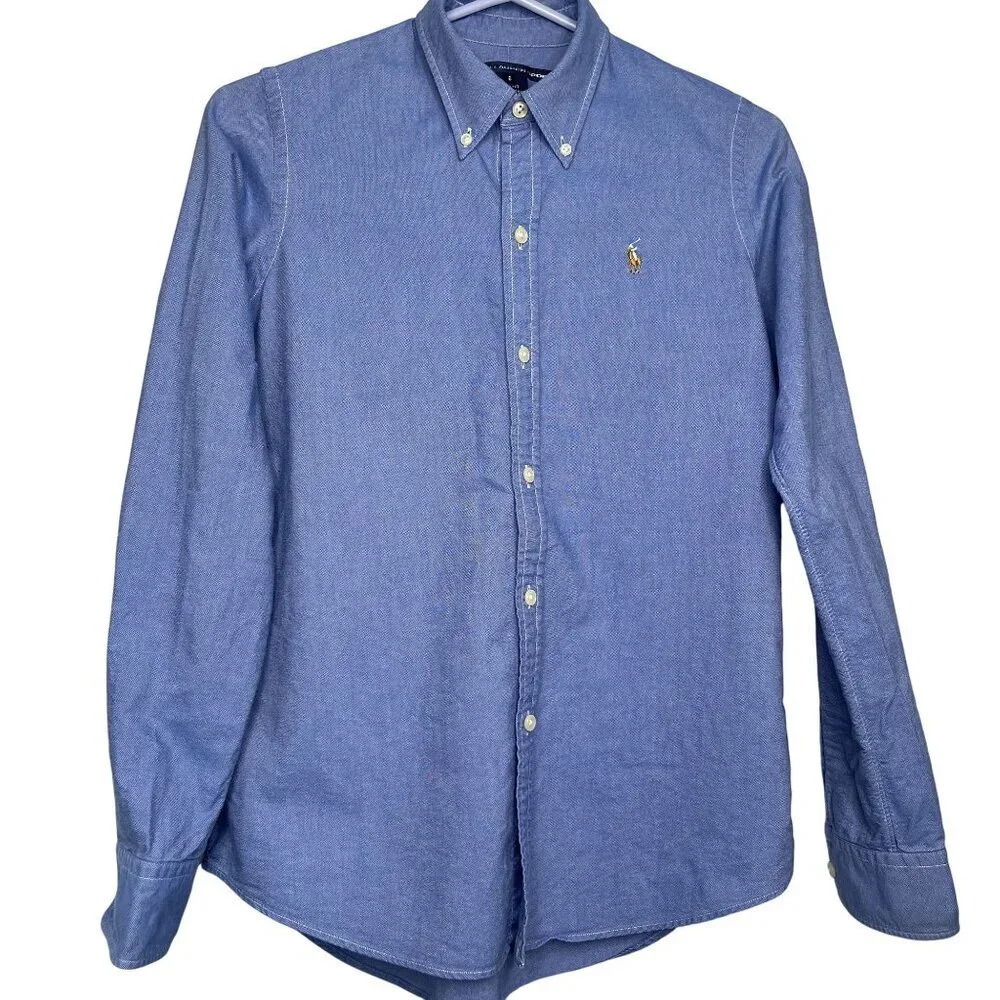 Ralph Lauren Sport Boys Blue Button-Down Shirt Slim Fit Long Sleeve SZ 6 Cotton